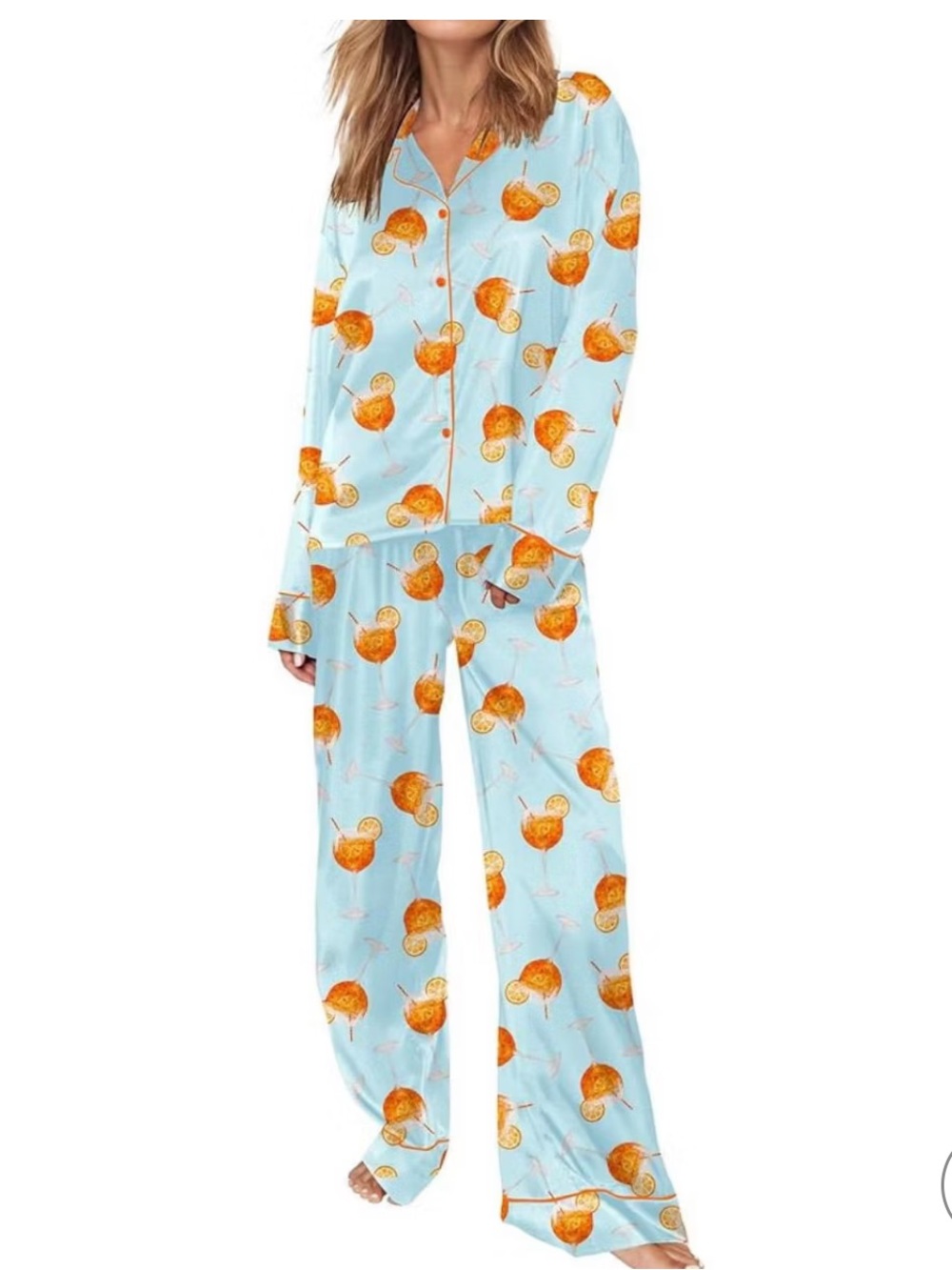 Sheshow Aperol Spritz Blue Satin Pajama Set